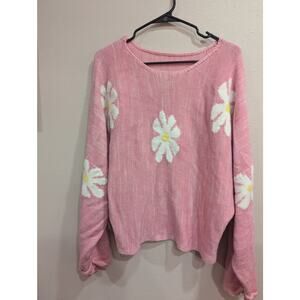 Cheerful pink knit sweater w/daisy graphic intentionally distressed size M (6)